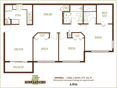 Floor plan for 3 beds, 2 baths, 1177 sqft